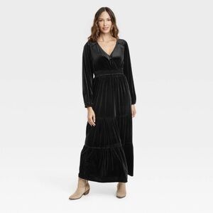 Knox Rose Modest Long Sleeve Black Velvet Tiered Maxi Dress Women’s Size Large